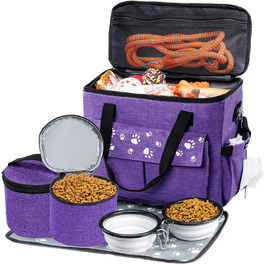 CLAWIST Сумка для собак, переноска для подорожей, XL, фіолетова. З контейнерами для корму та мисками. Відповідає вимогам авіакомпаній