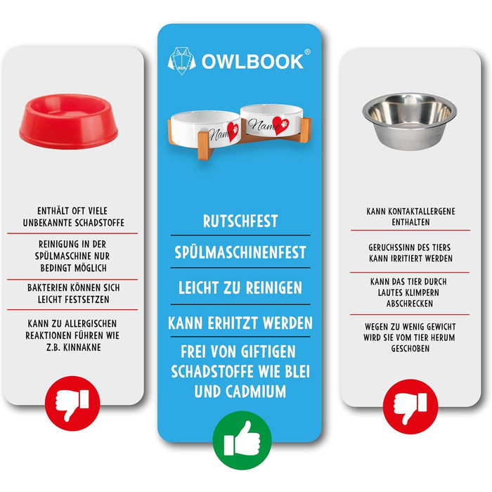 Персоналізований годівниця для собак OWLBOOK Herz з іменем, керамічний подвійний набір, бамбуковий каркас, 300 мл