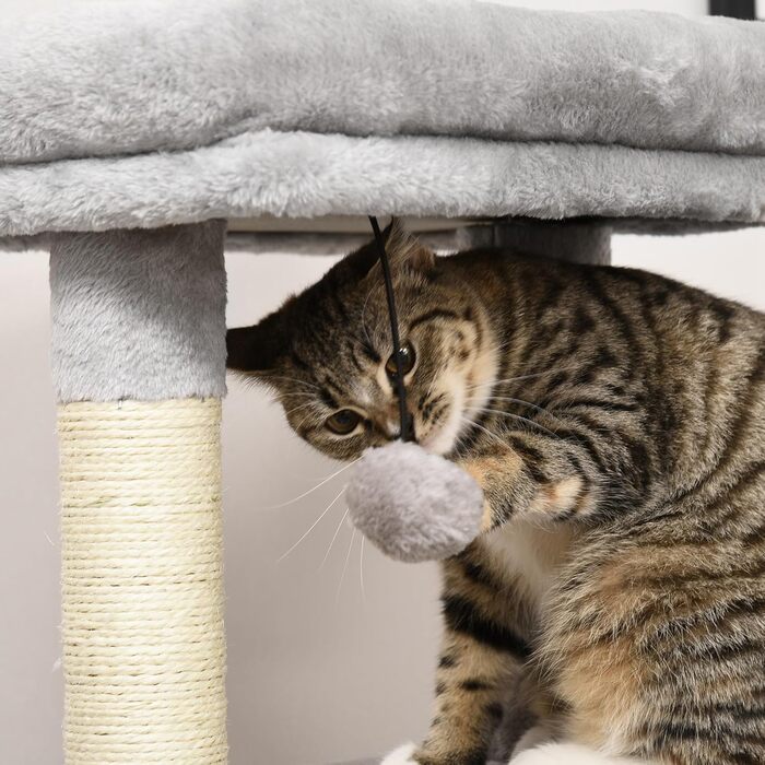Дряпак для котів PawHut з масажною зоною, будиночком, ігровим м’ячем і стовпчиками з сизалю, світло-сірий, 48×48×85 см