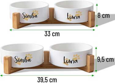 Керамічний подвійний набір мисок з іменем для собак та котів 'Дві маленькі лапки' - персоналізований набір мисок з/без підставки | Миска для собак, годівниця, миска для їжі | Годівниця (2x 1300 мл, з підставкою)