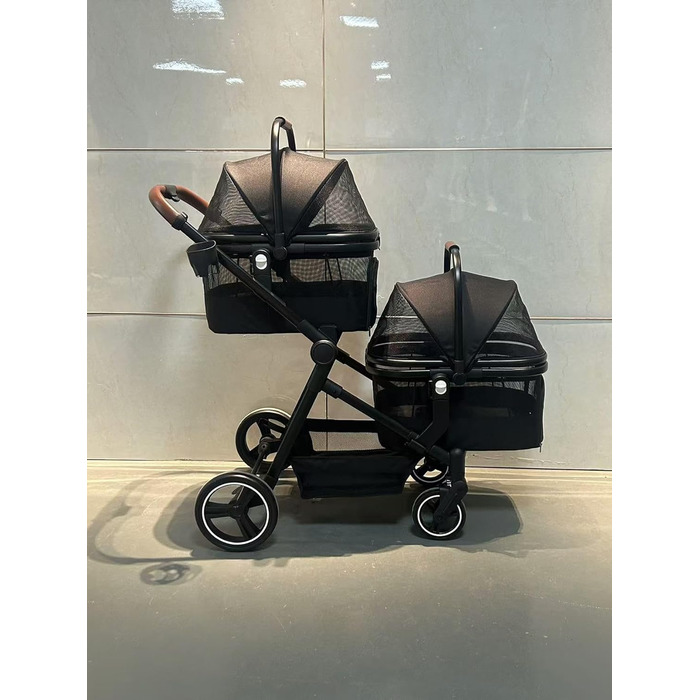 Складаний двоярусний візок для собак та котів до 22 кг, з сітчастими віконцями, тримачем для напоїв та місцем для зберігання. Ідеально для двох маленьких собак або котів. Легкий та зручний двошаровий візок.