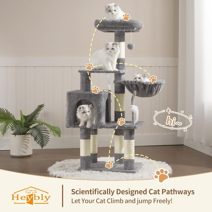 Комплекс для котів Heybly Kratzbaum HCT004SW: Дряпка-кігтеточка з іграшками, будиночок, лежанка, сізаль, світло-сірий (43.3 дюйми)