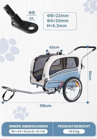 Причеп для собак SEPNINE® 2-в-1 для велосипеда та джоггінгу, блакитний (до 30 кг)