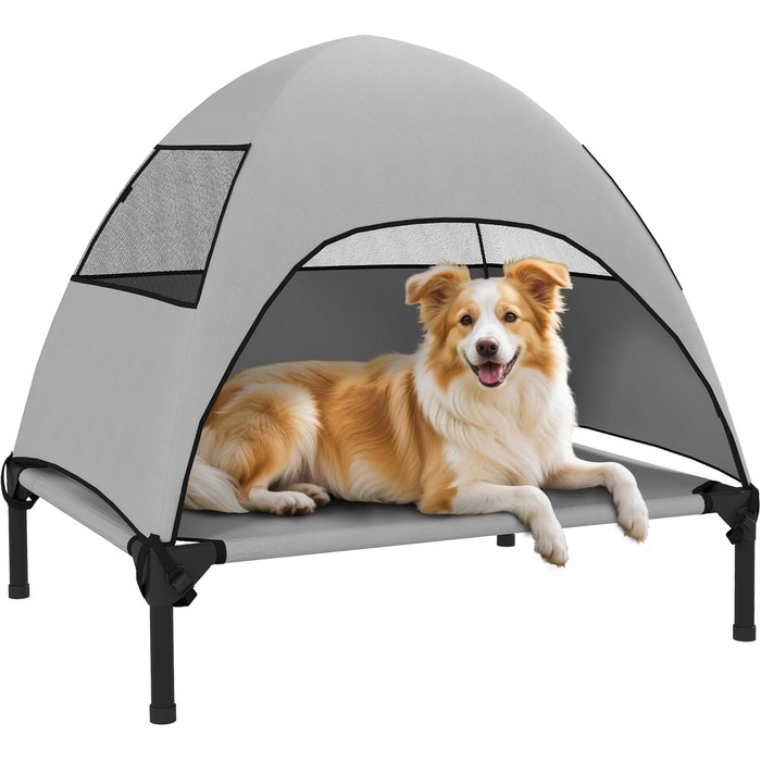 Лежанка для собак PawHut Outdoor з дахом, піднята лежанка для середніх собак, прохолодна лежанка для домашніх тварин з миючим сітчастим сталевим каркасом, переносна сумка, лежанка для тварин для вулиці, кемпінгу 76x61x71см, світло-сіра L 76 x 61 x 71 см с