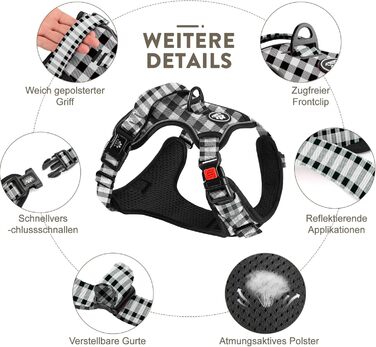 Шлейка для собак середнього розміру FURRYFECTION, антивитягуюча, без обмеження руху, з регулюванням, Oxford ediu (Пlaid, Чорний, M)
