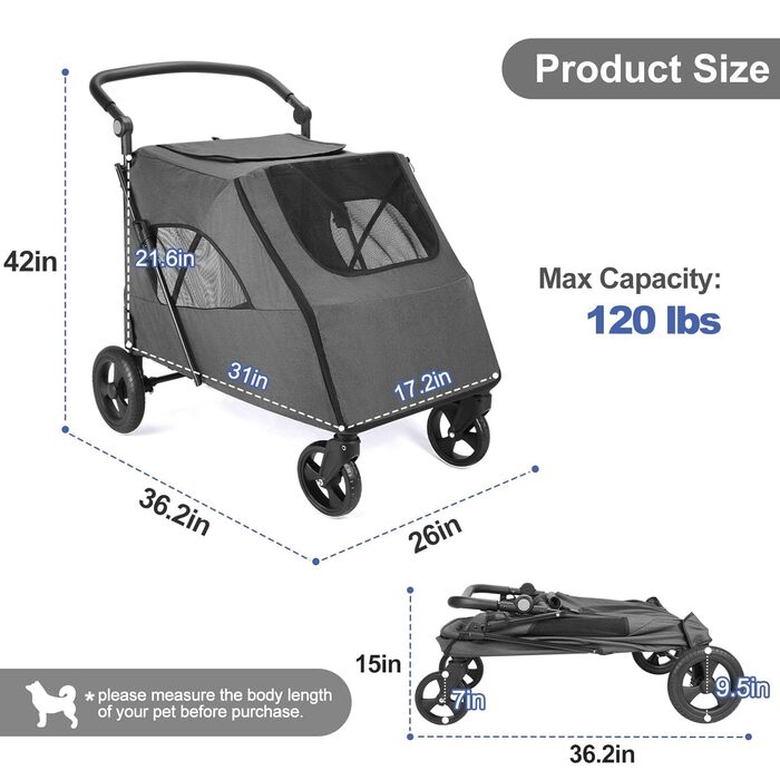 Візок для собак великих порід, подвійна ємність, візок-кі коляска для собак та дітей, складаний, 4 колеса (P04CX-Dunkelgrau)