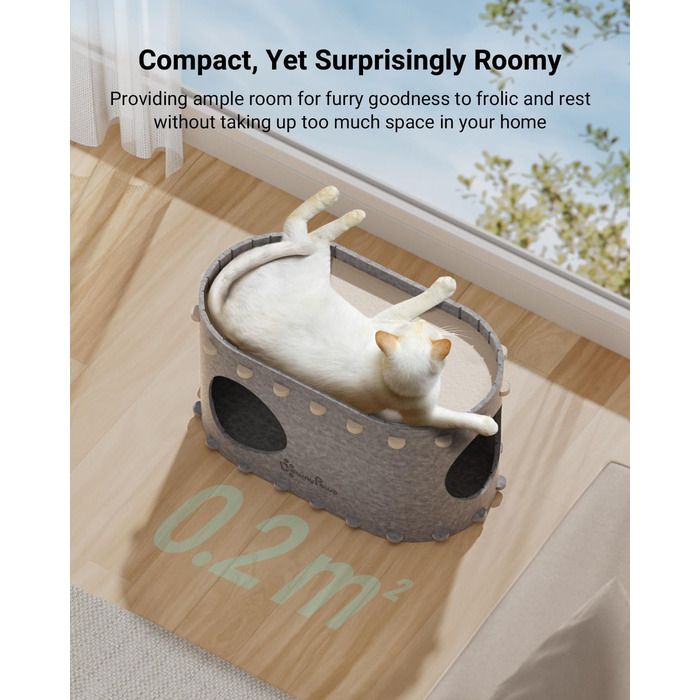 Будиночок для котів DownyPaws PeekaPurr, тунель-когтеточка, складний, для великих котів до 10 кг, закрите ліжко, кремово-сірий