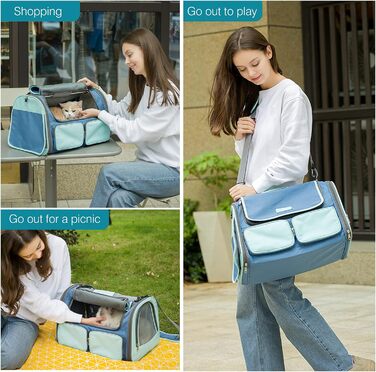 Транспортна переноска для собак та котів PETCUTE, дихаюча, складана, з м'яким матрацом, з плечовим ременем, сертифікована для авіаперевезень (Блакитна)