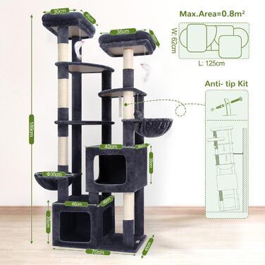 Драбина для котів Globlazer XXL (189 см) з великою печерею та платформами, 2 лежаками, 2 кошиками, стабільна конструкція, темно-сірий