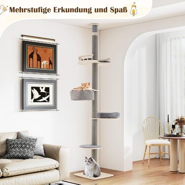 Кігтеточка GOPLUS висока до стелі, 236-271 см, 5 поверхів, з платформами, подушками, гамаком, кігтеточками та захистом від перекидання, сірого кольору