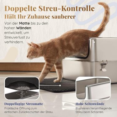 Набір для туалету кота з нержавіючої сталі XXL: легкий у чищенні, антибактеріальний, з високим бортиком, об'єм 38л, антивитікання та антипригарне покриття, з лопаткою та килимком