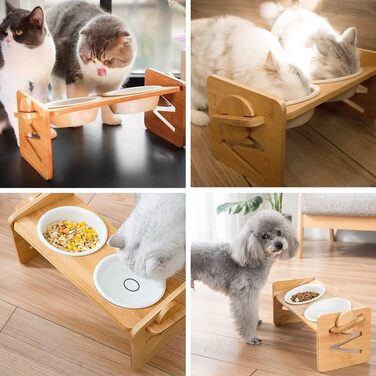 Підвищуюча миска для корму для собак та котів з кераміки з бамбуковим підставкою, нахилена платформа для котів та маленьких собак 36*14.2