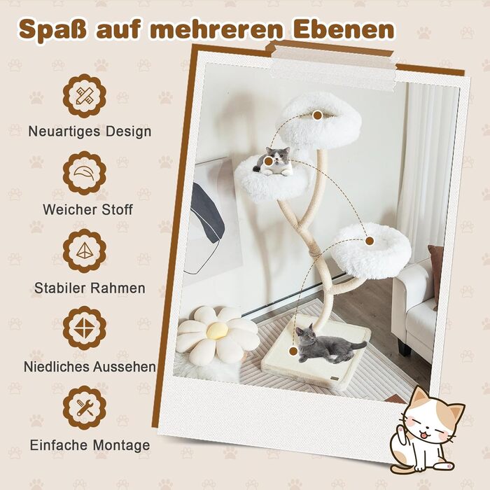 Кігтеточка GOPLUS 178 см з 3 лежаками, м'ячиками та сизалевими стовпчиками для котів та кошенят (Бежева)