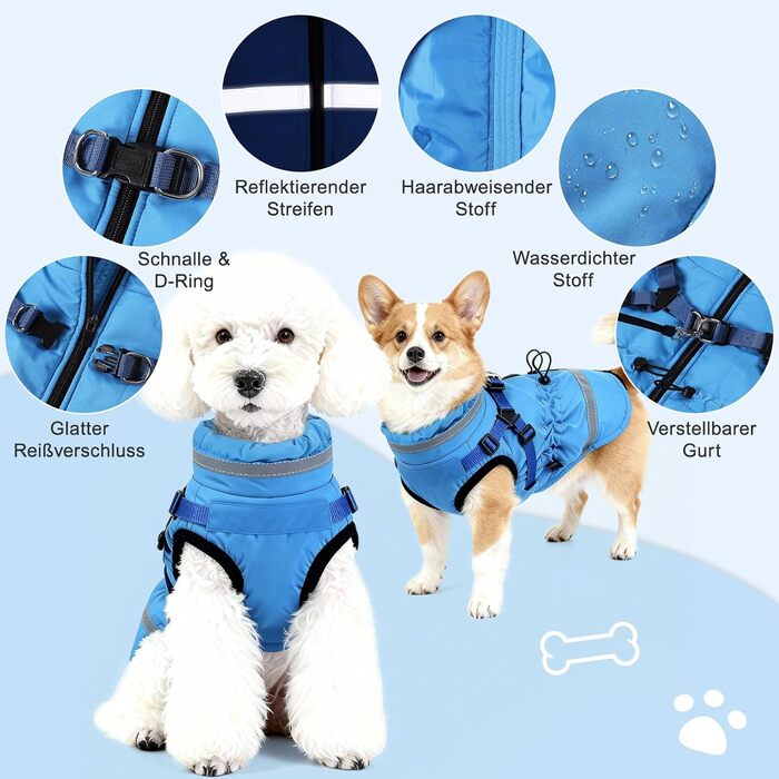 Водонепроникний зимовий костюм для собак XL, світло-блакитний: теплий, з нашийником, світловідбиваючий, на блискавці