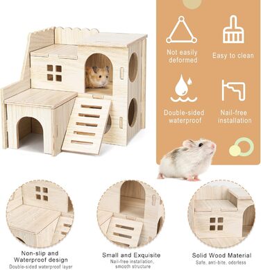 Набір дерев'яних іграшок для хом'яків, 6 шт. - будиночок, іграшки для гри та ховання, підходить для шиншилл, морських свинок, мишей, кроликів
