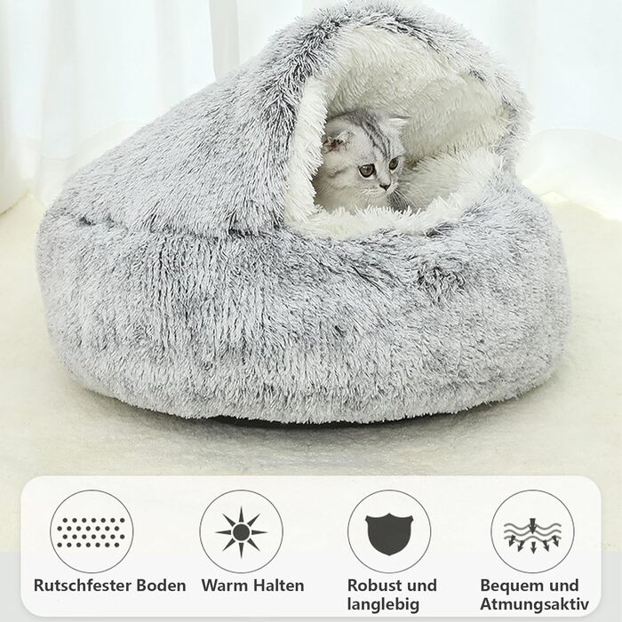 М'яка котяча лежанка-печера з капюшоном, затишна лежанка для котів та кошенят, плюшева, миюча, 60 см