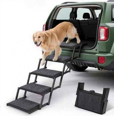Сходинки для собак у машину: складані, для великих собак до 113 кг, захист суглобів, антиковзаюча поверхня, 5 сходинок, сірий метал та тканина