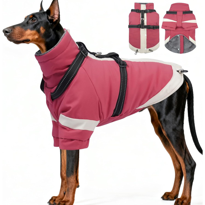 Зимовий теплий куртка для собак з інтегрованим повдцем, рогатим коміром та рукавами, водовідштовхуючий, світловідбиваючий, для нічного часу, тепла одіяння для цуценят, підходить для снігу та холодної погоди, Чихуахуа, Рожевий, XS (Обхват грудей 35 см), Pi
