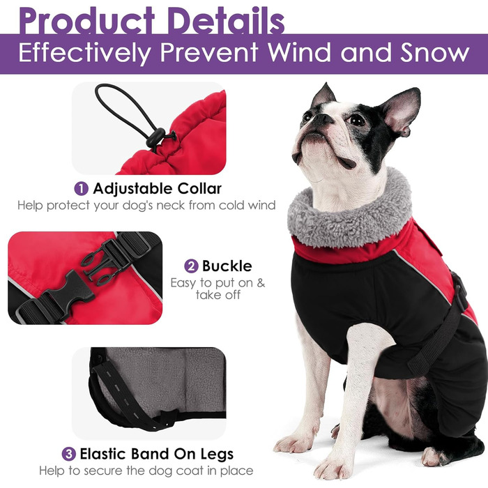 Зимовий теплий одяг для собак AOFITEE з коміром-гетром, регульована куртка для собак з отвором для повідка, водонепроникна куртка для собак на холодну погоду, підходить для собак маленьких, середніх та великих порід, червоний