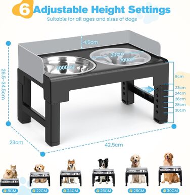 Підвищена годівниця для собак Zivacate, 6 рівнів регулювання висоти та нахилу, годівниця-станція, 2 миски з нержавіючої сталі, 1 миска для уповільнення годування, антиковзна, для середніх та великих собак