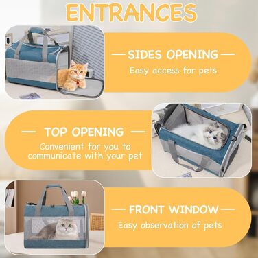 Транспортна переноска для кота KunpengZen, переноска для собаки, складана, з регульованим плечовим ременем, знімним плюшевим матрацом, для котів до 7.5 кг, для подорожей, авто, до ветеринара, блакитна