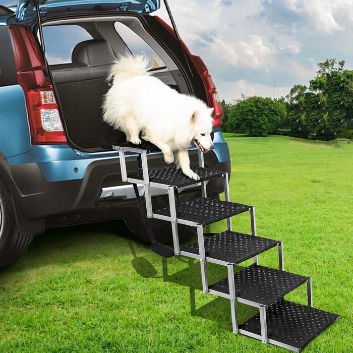 Сходинка для собак у автомобіль - широка, складна, з антиковзким покриттям, для авто, SUV, вантажівок, підтримує до 113 кг (6 сходинок, срібна)