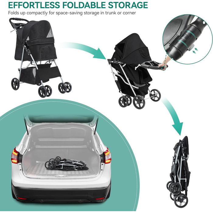 Візок для собак YITAHOME, середній розмір, 4 колеса, з кошиком для зберігання, складаний, з тримачем для напоїв (чорний, без дощового покриття)