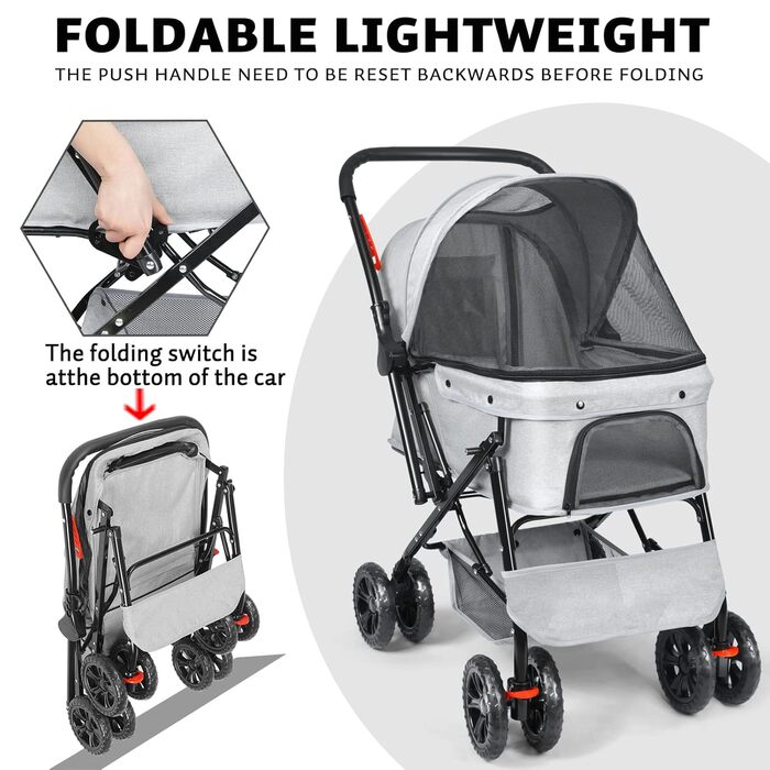 Візок для собак Wedyvko до 20 кг, 4 колеса, складний, для маленьких/середніх собак та котів, з кошиком та тримачем для напоїв, зелений (сірий)