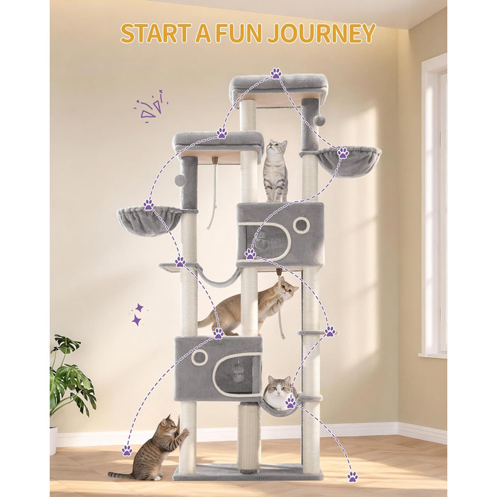 Комплекс для котів Hzuaneri Kratzbaum 213 см XXL: Дряпка-стовпчик, будиночок, платформа, лежак для Maine Coon (Світло-сірий)
