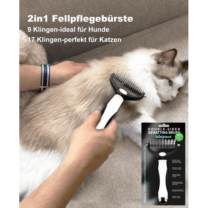 Щітка для собак та котів - двостороння щітка для видалення підшерстка та вичісування, 17/9 зубців, ручка Pinguin, для довгої та короткої шерсті, м'який догляд за шерстю та видалення підшерстка
