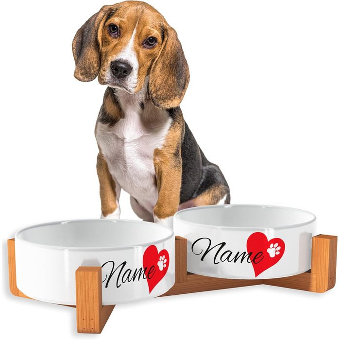 Персоналізований годівниця для собак OWLBOOK Herz з іменем, керамічний подвійний набір, бамбуковий каркас, 300 мл