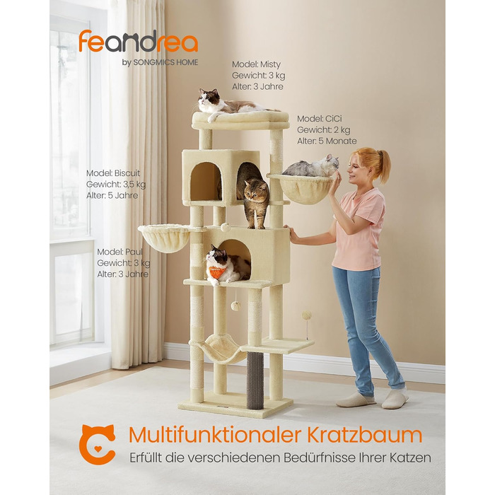 Дерев'яний будиночок для котів Feandrea, 175 см, XL, багатоярусний, з 2 будиночками, 2 лежаками, 5 стовпчиками для шліфування, щіткою для котів, великою платформою, пісочно-бежевий