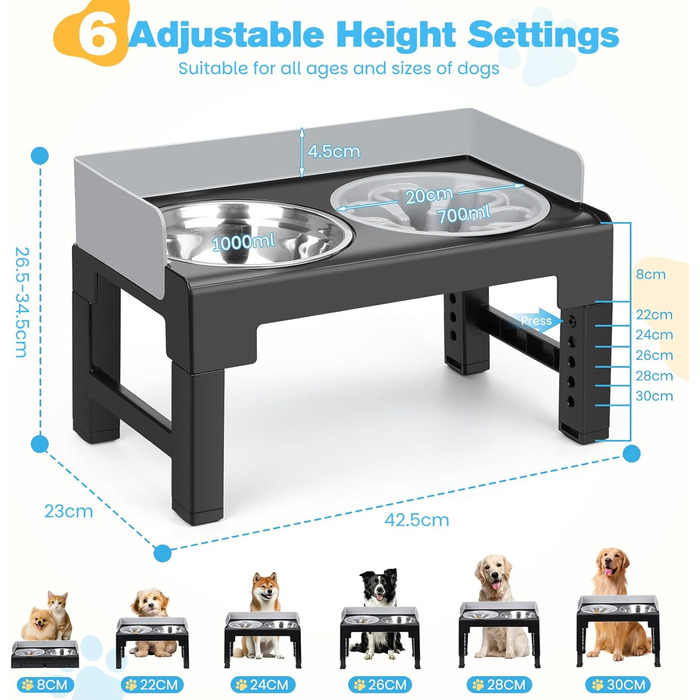 Підвищена годівниця для собак Zivacate, 6 рівнів регулювання висоти та нахилу, годівниця-станція, 2 миски з нержавіючої сталі, 1 миска для уповільнення годування, антиковзна, для середніх та великих собак