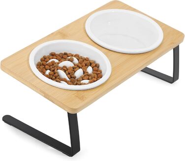 Набір мисок для котів PETTOM Anti-Schling з кераміки: піднята миска з нахилом 15°, бамбукова підставка, протиковзаюча, для вологого та сухого корму