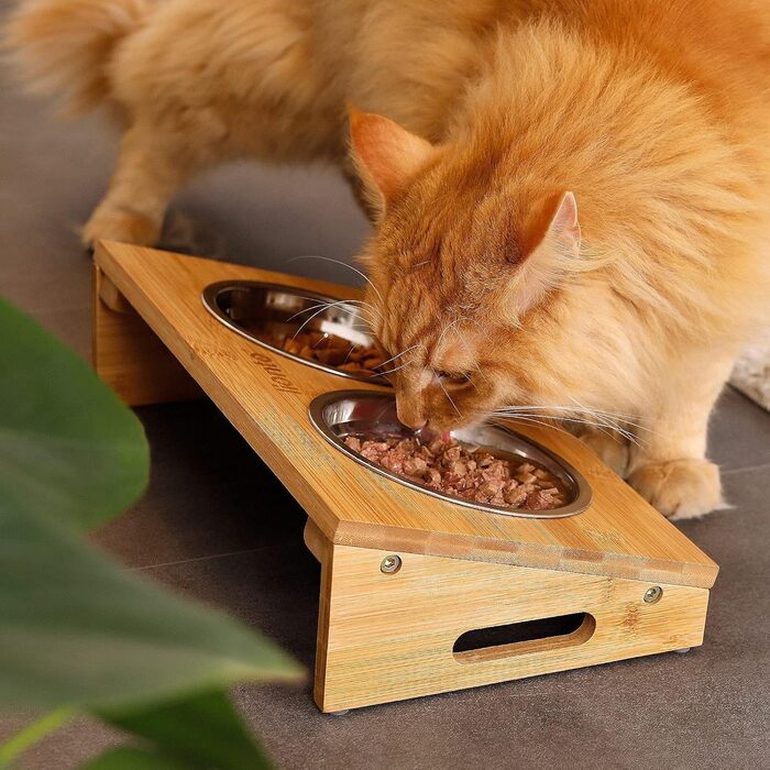 Підвищений годівниця для собак Lionto з бамбуку, 35x20x10 см, подвійний набір мисок для собак та котів, 2 миски з нержавіючої сталі Ø 14 см, об'єм кожної миски 250 мл, неслизька та щадяча суглоби