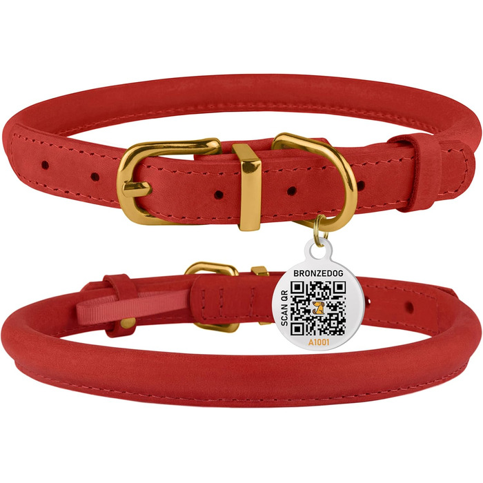 Нашийник для собак Bronzodog з м'якої шкіри з QR-ідентифікатором, регульований, 40-48 см, класичний червоний колір