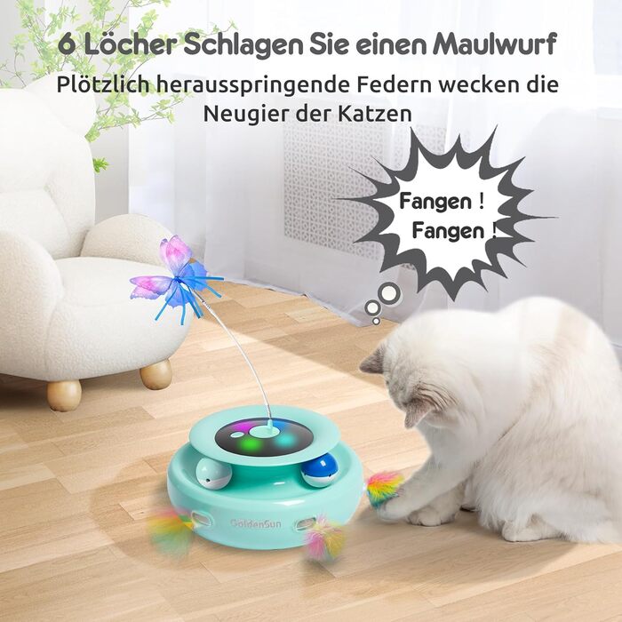 Інтерактивна іграшка для котів GoldenSun 3-в-1: Whack-A-Mole, метелик, м'ячик. USB, 6 насадок, A-білий (зелений)