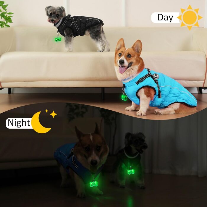 Зимовий одяг для собак HezzLuv: теплий водонепроникний одяг з LED-краваткою та світловідбиваючими смугами, розмір M, блакитний