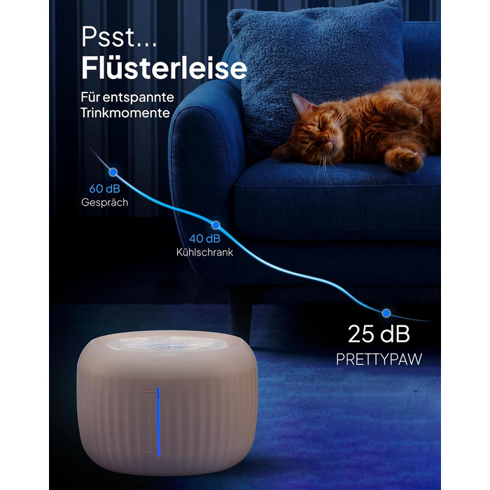 Фонтан-питилка для котів Pretty Paw з безшумною помпою, LED-підсвіткою та вугільним фільтром, 2.5 л, бежевий