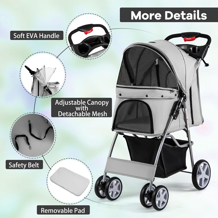 Візок для собак та котів SOARS, до 15 кг, складний, з сіткою, тримачем для напоїв та кошиком для зберігання, сірий