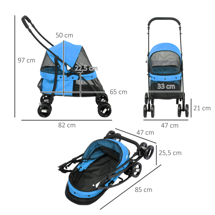 PawHut Dog Buggy Cart Dog Foldable з сітчастим вікном для маленьких собак і кішок, 2 захисних повідця, оксфордський матеріал синього кольору