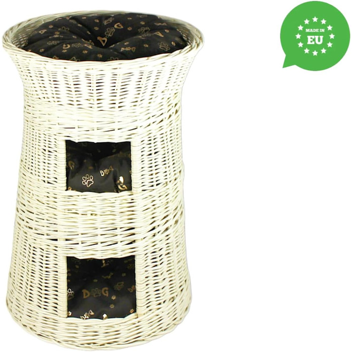 Кігтеточка-ліжко для котів: кругла хатинка з ротангу, триповерхове ліжко для собак та котів, колір білий (з коричневими та золотими подушками)