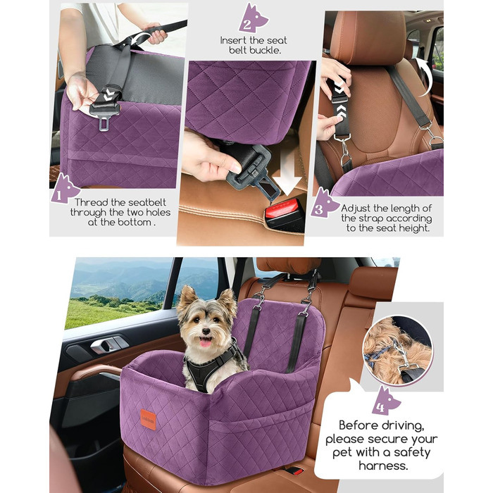 Автокрісло для собак маленьких та середніх порід, м'яке переноське автокрісло для цуценят з піднятим подушкою, повністю знімний та пральний автокрісло для домашніх тварин з 2 собачими повірцями (Purple, Medium)