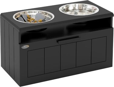 Станція годування для собак PawHut з піднятою мискою, повільною годівницею та 2 мисками з нержавіючої сталі, ящик для зберігання 25л, для великих та екстра-великих собак, білий (чорний)