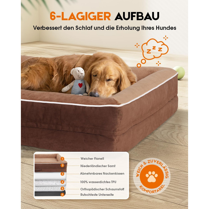 Ортопедичний лежак для собак XL, кошик для собак, що можна прати, з піною у формі яйця, водовідштовхувальний диван для собак з неслизьким дном та чотиристоронніми подушками (світло-коричневий, 117x76x19 см)
