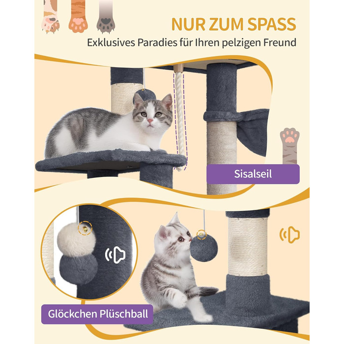 Дерево для котів Hzuaneri Kratzbaum 149 см з 5 стовпчиками для шліфування, платформами, печереєю, багатоярусне котяче ігрове дерево, помпонами, MS14918LG (темно-сірий)