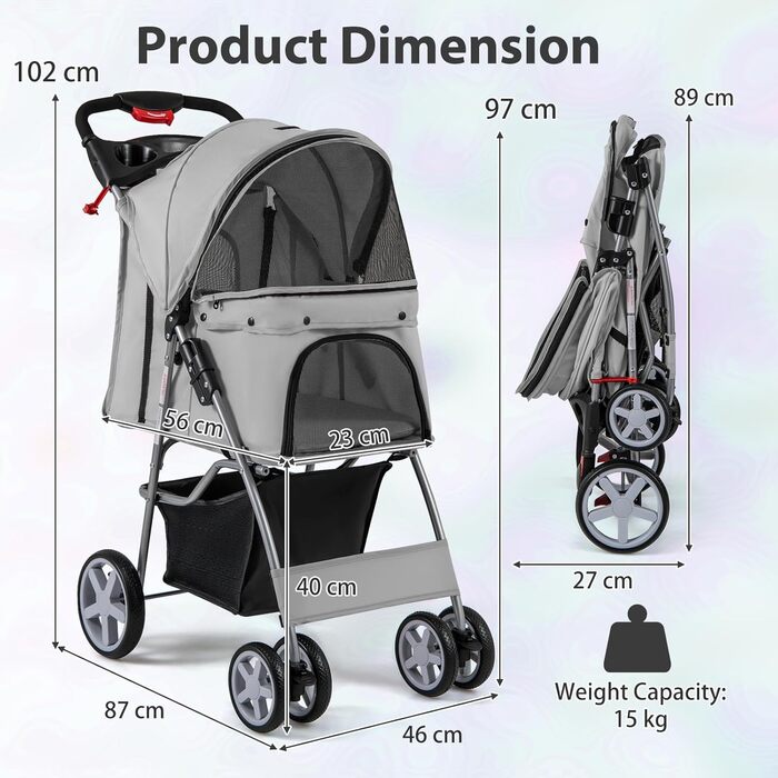 Візок для собак та котів SOARS, до 15 кг, складний, з сіткою, тримачем для напоїв та кошиком для зберігання, сірий