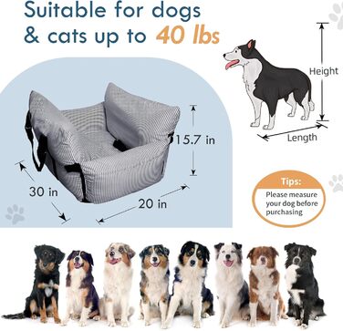 Автокрісло для собак - автокрісло-бустер для маленьких та середніх собак до 18 кг, з ременем безпеки та кишенями для зберігання, миється, антиковзаюча підставка (смугастий морський колір), 30x20.5 дюймів