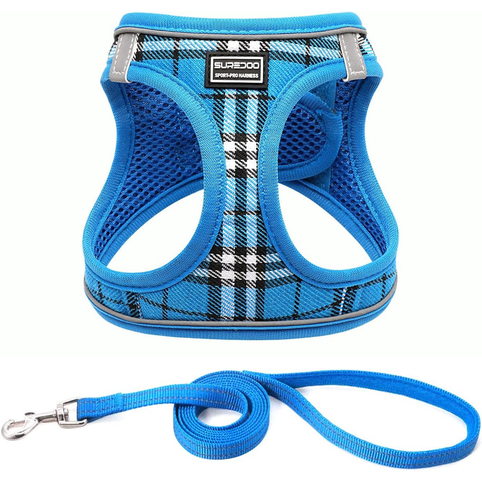 Нашийник для собак маленьких порід з повідком, анти-тягнучий, світловідбиваючий, дихаючий, нагрудник для цуценят (S, обхват грудей: 29-33см) (Синій в клітинку, XL (обхват грудей: 46-53см, вага: 8-10.5кг))
