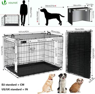 Клітка для собак VOUNOT, розкладний вольєр з кришкою, переноска для собак в авто, чорна XL (107x70x78 см)